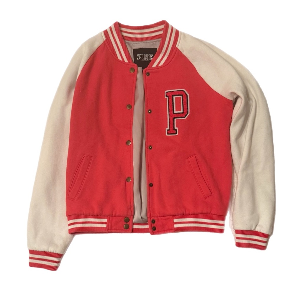 Victoria Secret PINK Pink And White Letterman Jacket Size Medium